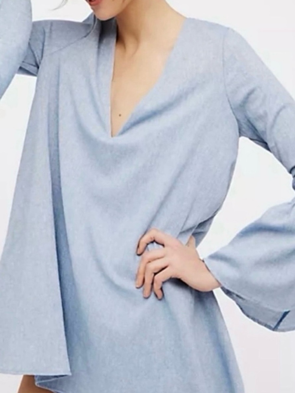 Free People Blue Bell Sleeve Mini Dress Size M Boho V Neck Keyhole Back